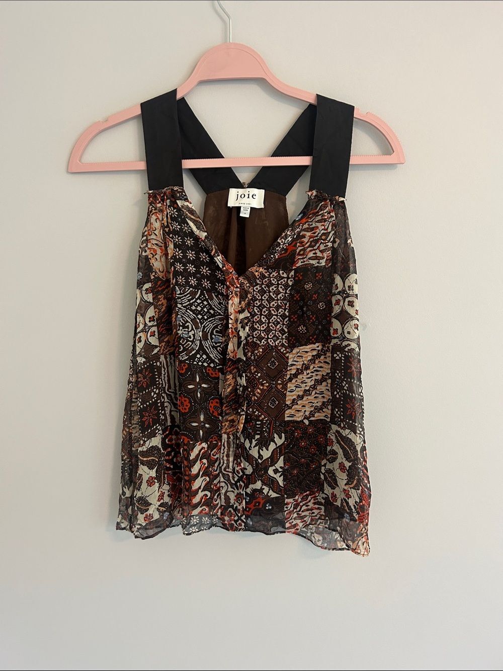 Joie Brown Black Patchwork 100% Silk Camisole Tank Top Fall Size S
